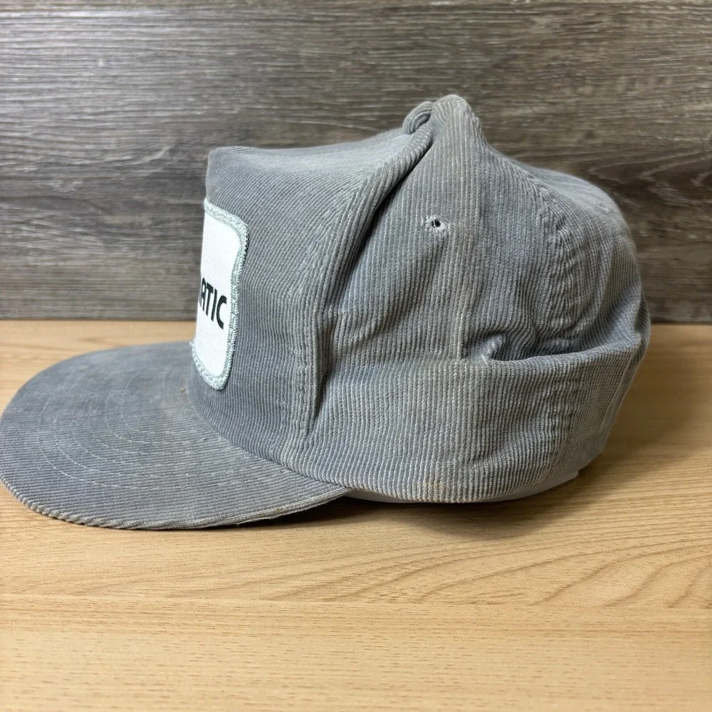 Vintage Safmatic Hat Cap Snap Back Gray Corduroy Patch Logo Adjustable